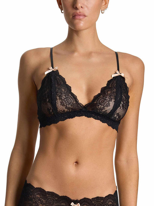 Black &oh™ Luxe Lace Open Bralette with satin bows - Front View On Model | Hanky Panky