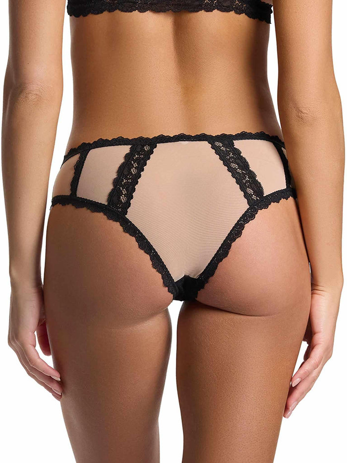 &oh™ Nude Illusion Crotchless Bikini Mocha Mesh & Black Lace - Back On-Model View | Hanky Panky