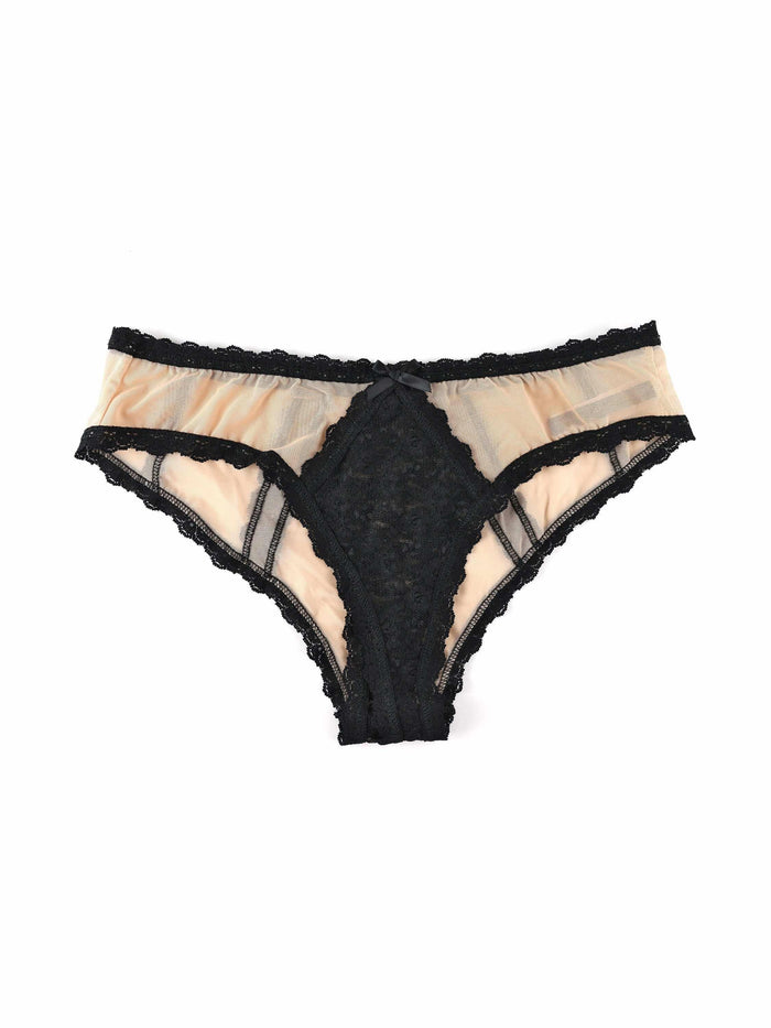 &oh™ Nude Illusion Crotchless Bikini Mocha/Black Lace Detail - Flat Lay | Hanky Panky