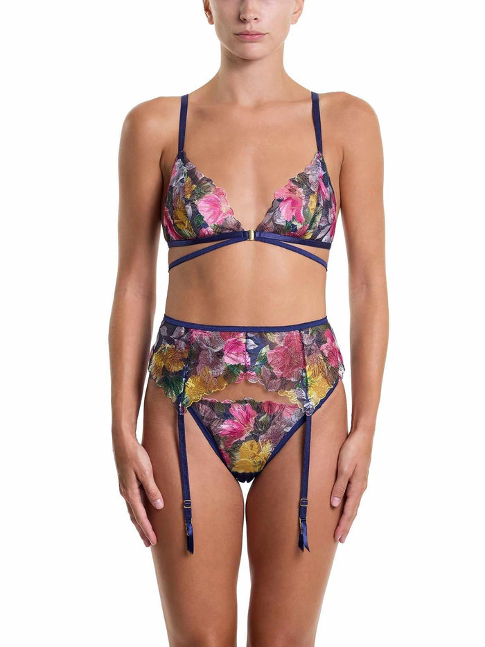&oh Wildly Blooming Tanga Dark Sky Blue - Styled Set with Floral Bralette and Garter Belt | Hanky Panky