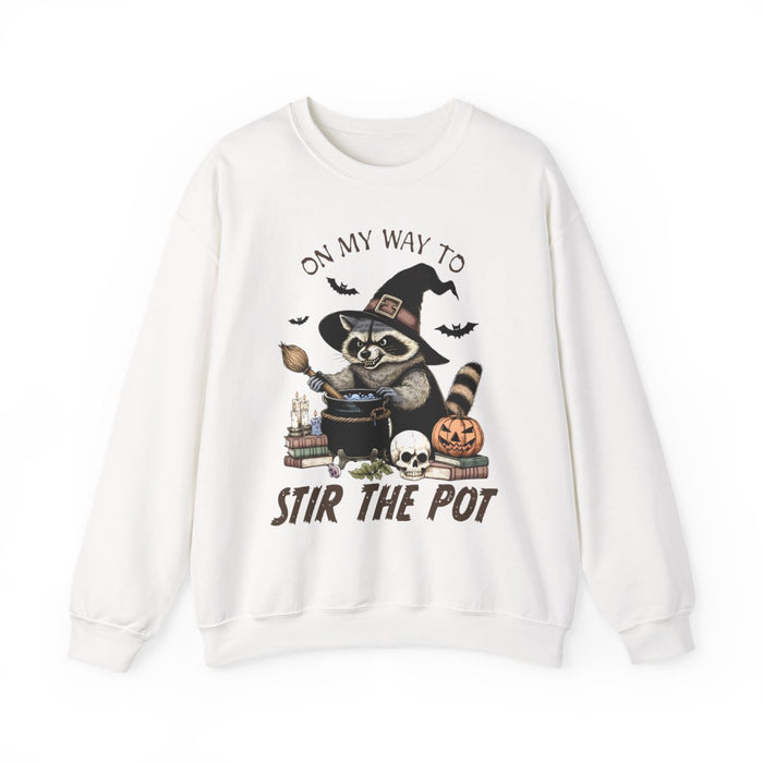 sand sweatshirt with spooky raccoon witch and pumpkins autumn graphic