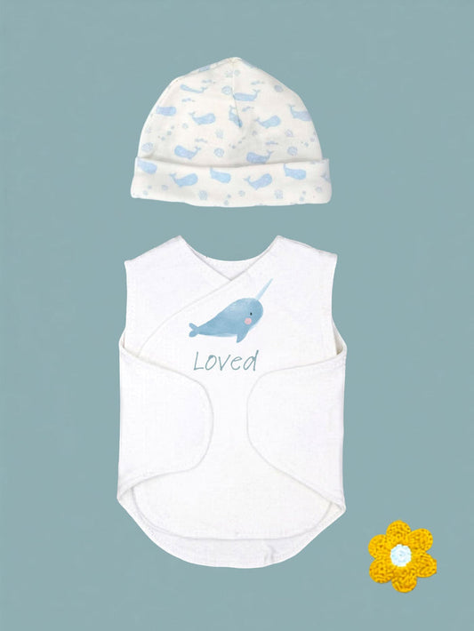 BUNDELS DONE - Organic Cotton Baby Hat & Incubator Vest Set with 'Loved' Narwhal Print | Premature Baby NICU Clothing Bodysuit / Vest Little Dreamer