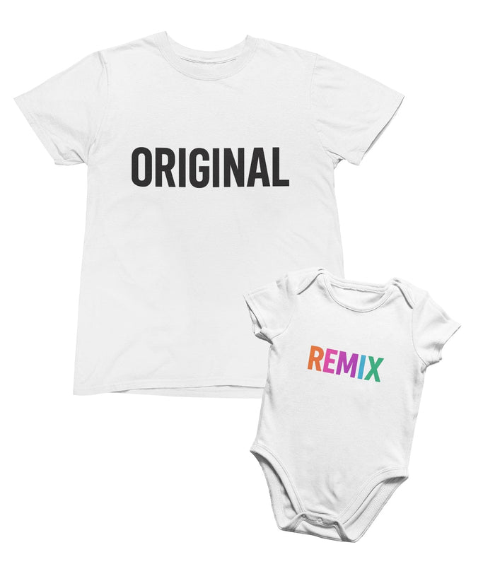 white t-shirt and baby grow with Original and Remix matching parent baby design