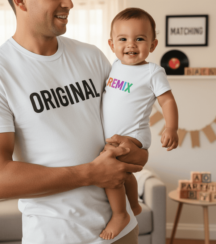 heather grey t-shirt and baby grow with Original and Remix matching parent baby design