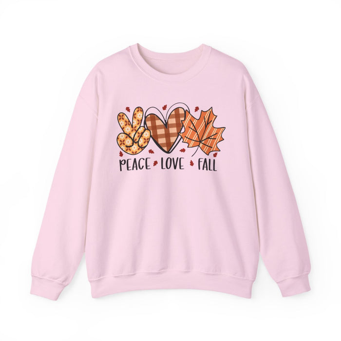 light pink sweatshirt with peace love fall graphic design