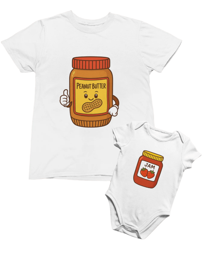 white t-shirt and baby bodysuit with peanut butter and jam cartoon design for dad and baby matching gift