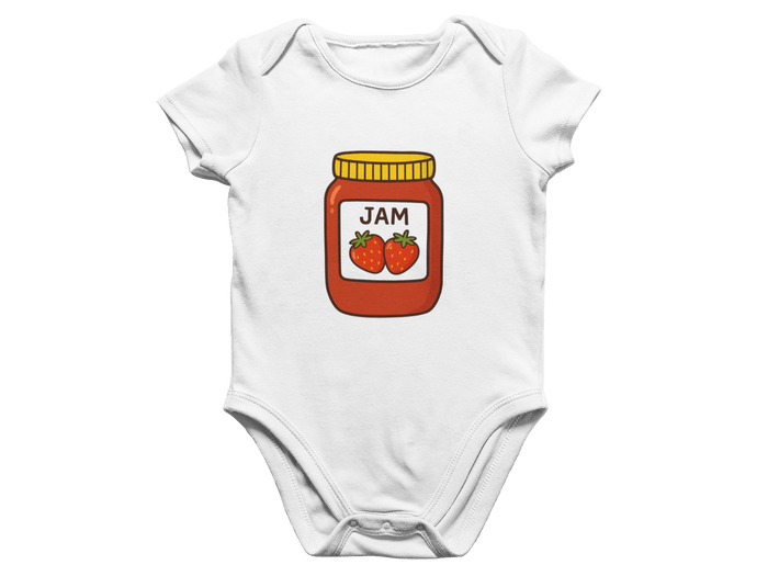 black t-shirt and baby bodysuit with peanut butter and jam cartoon design