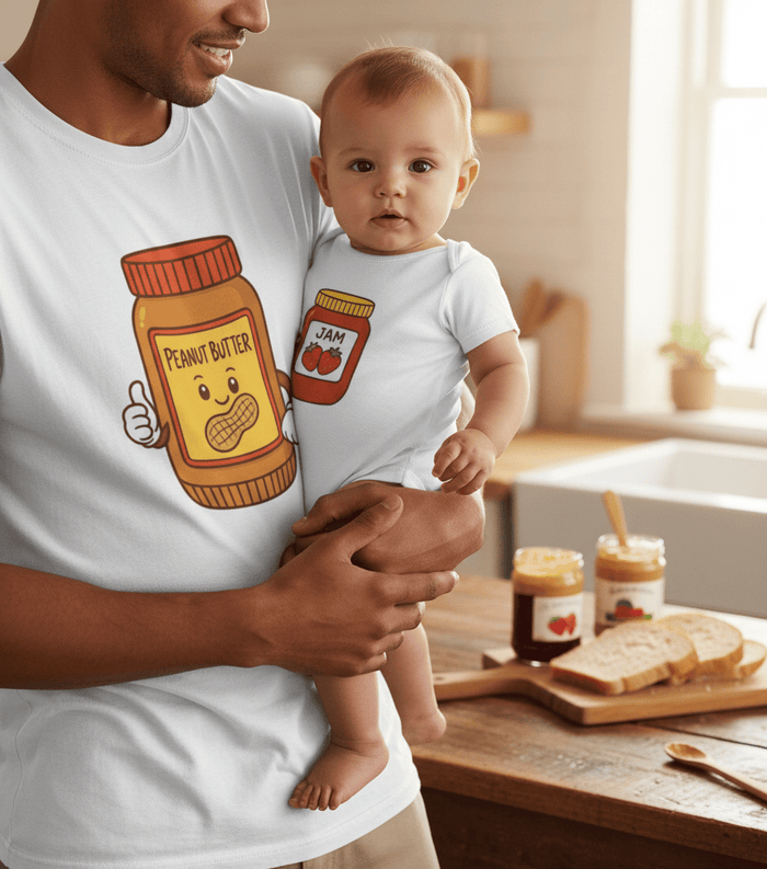 navy t-shirt and baby bodysuit with peanut butter and jam cartoon design
