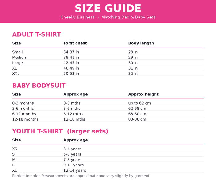 size guide for matching dad and baby t-shirt set showing available sizes and fit