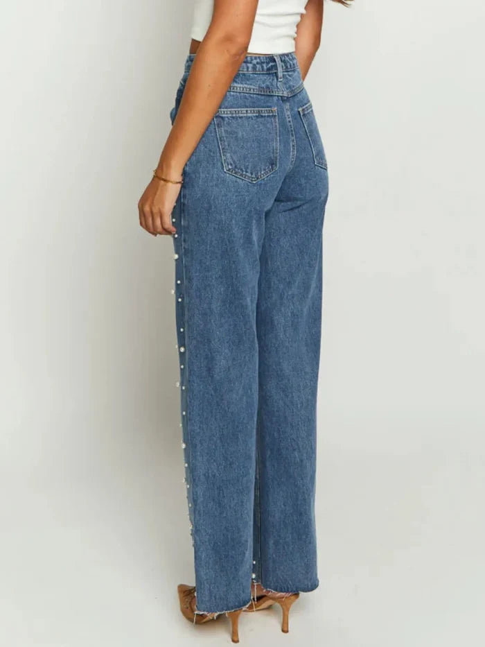 Pearl Embellished High Waist Straight Leg Jeans