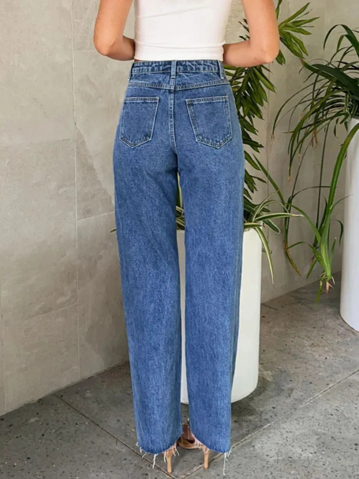 Pearl Embellished High Waist Straight Leg Jeans