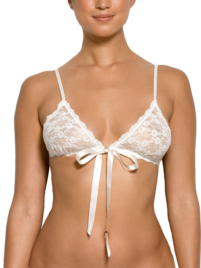 Light Ivory Peek-a-Boo Lace Front Tie Bralette - On Model Front View | Hanky Panky
