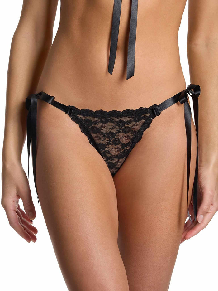 Peek-a-Boo Lace Side Tie Bikini Black - On Model Front View, Black Lace Bikini Panties | Hanky Panky