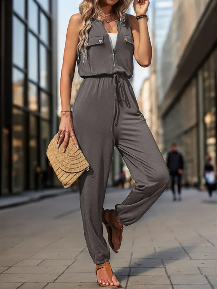 Perfee Drawstring Waist Zipper Pocketed Sleeveless Jumpsuit