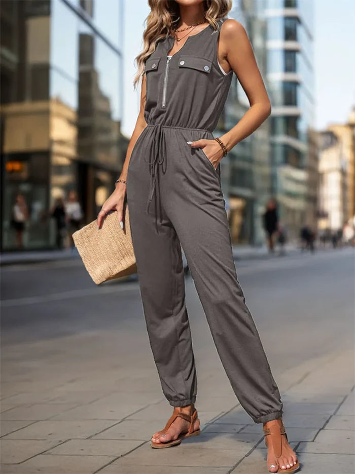 Perfee Drawstring Waist Zipper Pocketed Sleeveless Jumpsuit