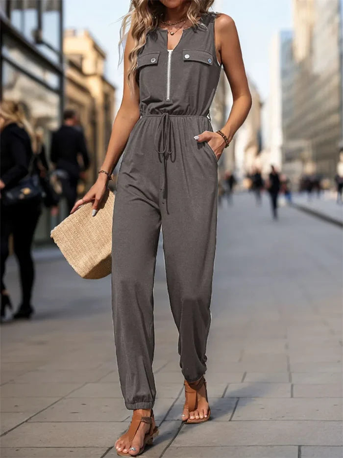 Perfee Drawstring Waist Zipper Pocketed Sleeveless Jumpsuit