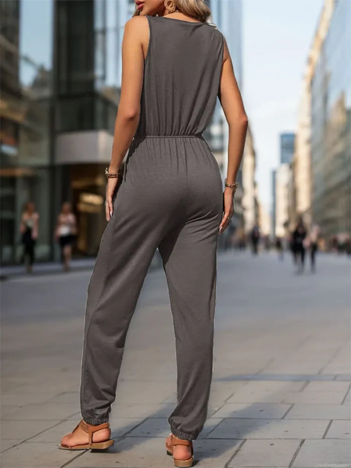 Perfee Drawstring Waist Zipper Pocketed Sleeveless Jumpsuit