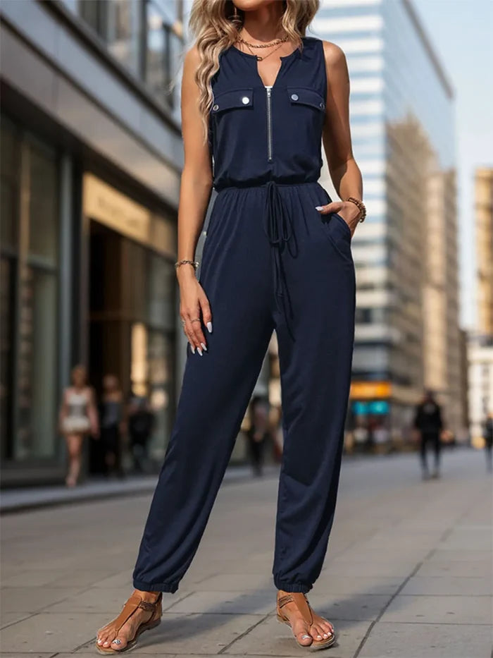 Perfee Drawstring Waist Zipper Pocketed Sleeveless Jumpsuit