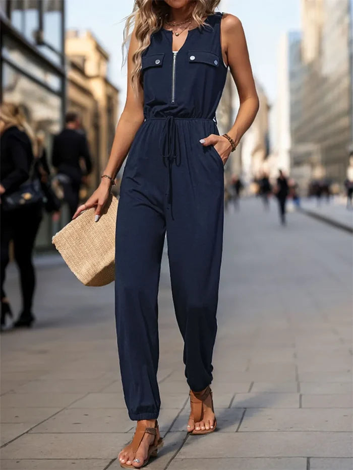 Perfee Drawstring Waist Zipper Pocketed Sleeveless Jumpsuit