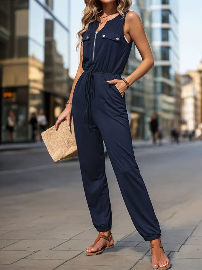 Perfee Drawstring Waist Zipper Pocketed Sleeveless Jumpsuit