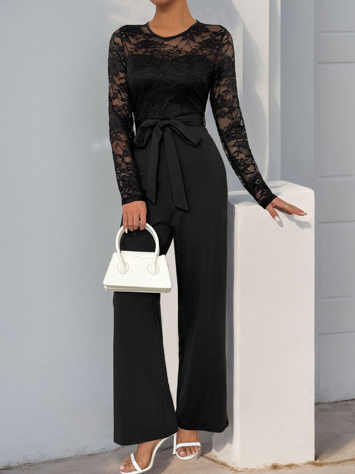 Perfee Lace Round Neck Long Sleeve Elegant Jumpsuit