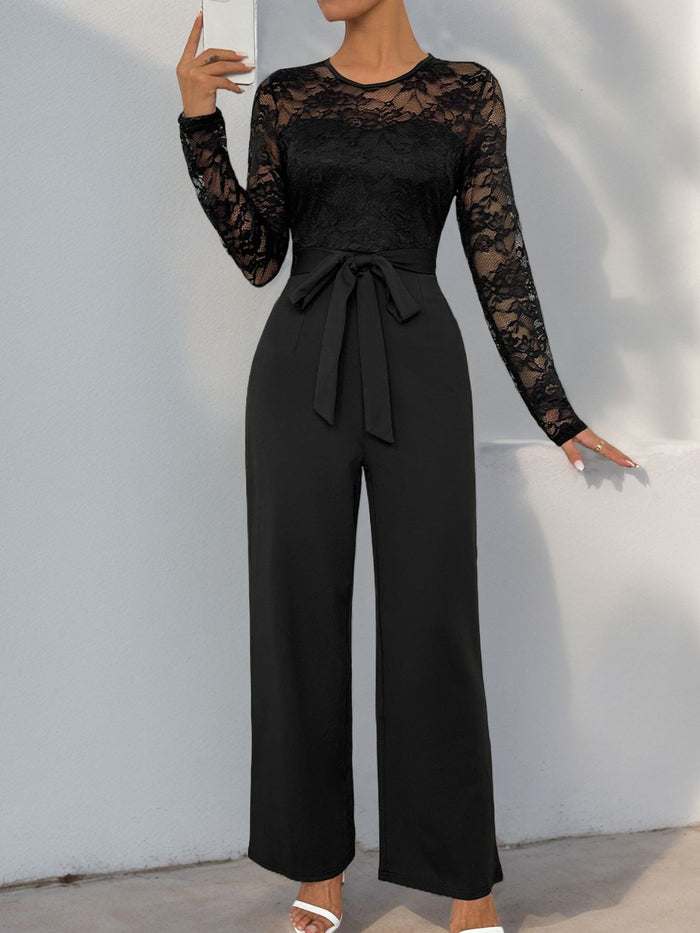 Perfee Lace Round Neck Long Sleeve Elegant Jumpsuit