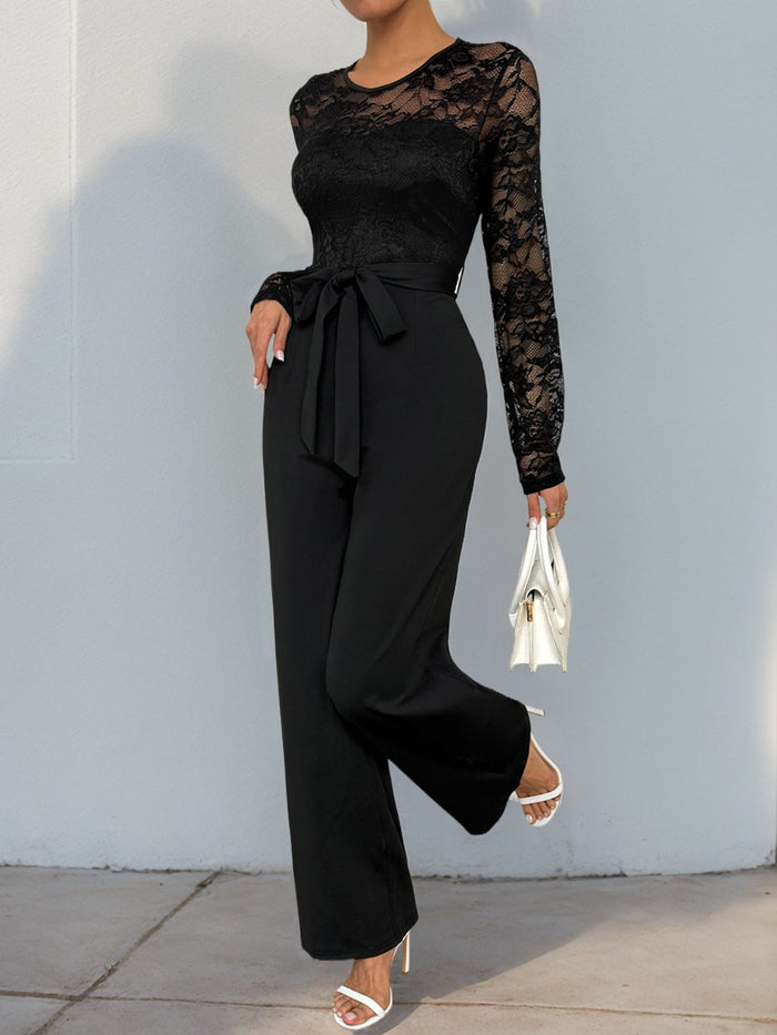 Perfee Lace Round Neck Long Sleeve Elegant Jumpsuit