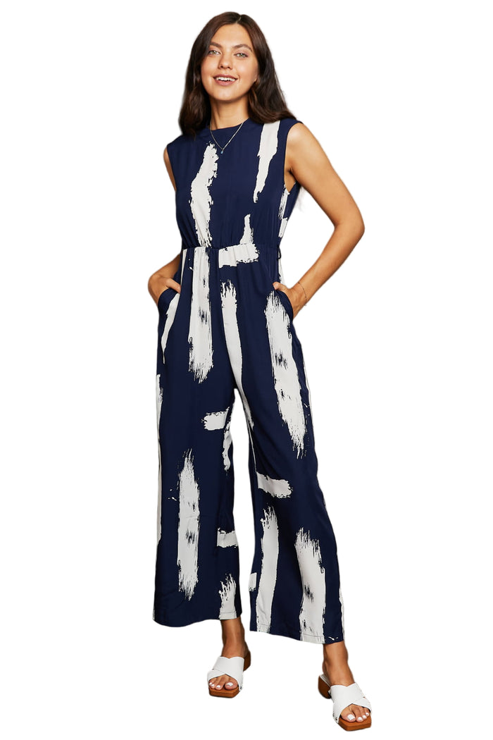 Perfee Printed Round Neck Cutout Pocketed Jumpsuit
