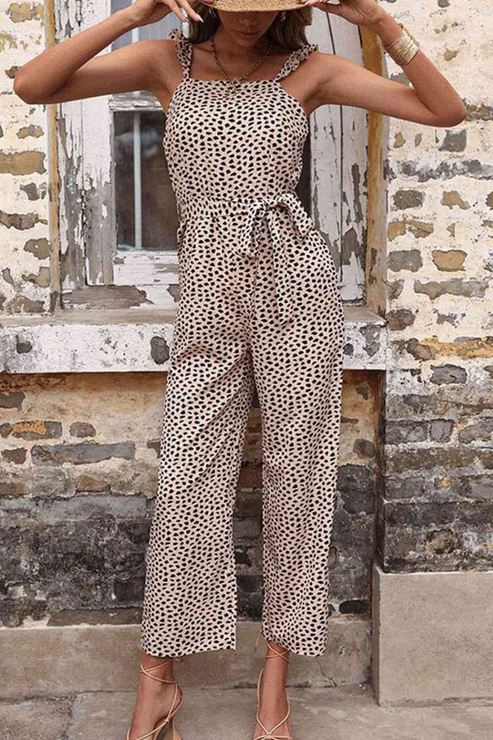 Perfee Printed Tie-Waist Wide-Leg Jumpsuit