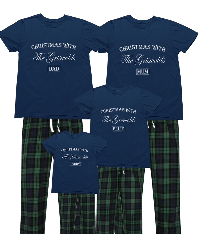 navy personalised family Christmas pyjamas with custom surname and individual names