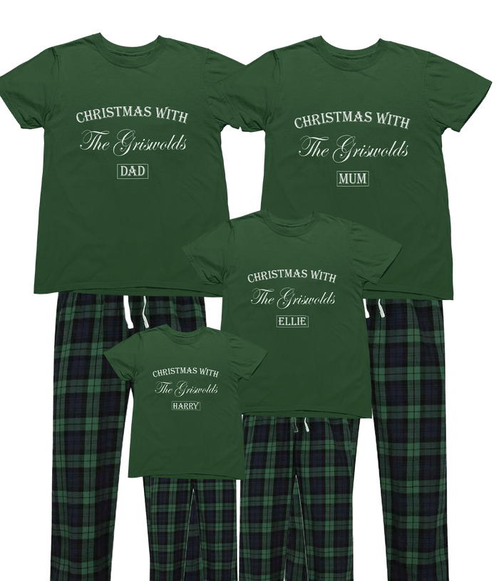 green tartan matching family Christmas pyjamas set with personalised names