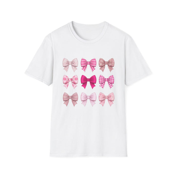 white t-shirt with pink bow graphic print