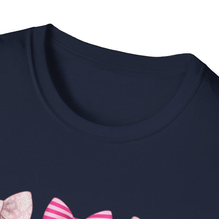 dark heather t-shirt with bow pattern graphic