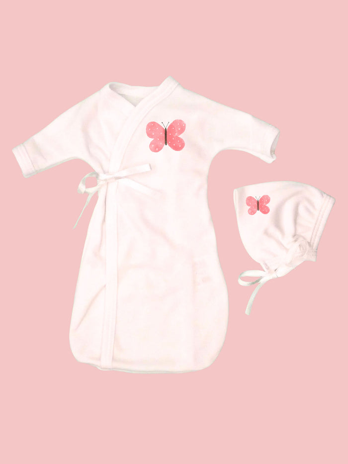 Pink Butterfly Baby Bereavement Gown & Bonnet, Organic (Burial Gown) Bereavement gown Tiny & Small