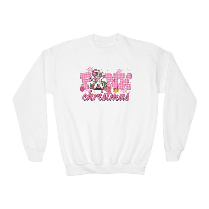 pink Christmas unicorn kids sweatshirt flat lay detail