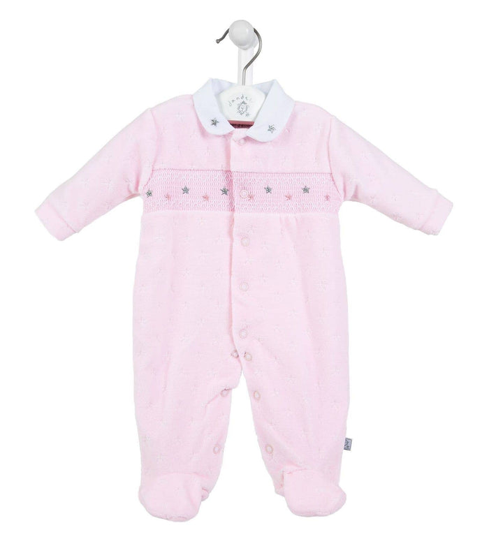 Pink star velour smocked sleepsuit Dandelion