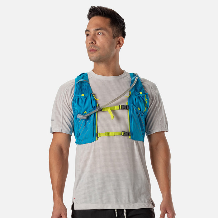 color:Blue Me Away/Finish Lime||seo:Nathan Pinnacle 12 Liter Unisex Hydration Race Vest - Blue Me Away/Finish Lime Green - Male Runner Front View