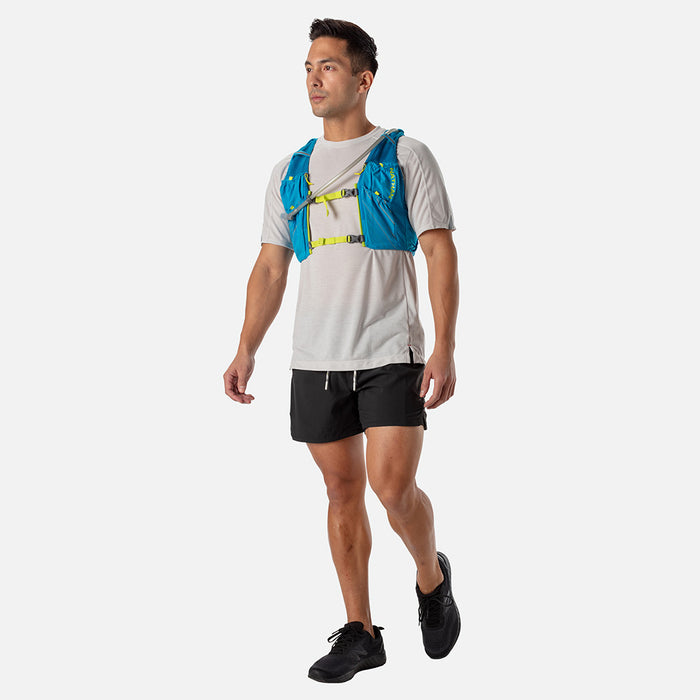 color:Blue Me Away/Finish Lime||seo:Nathan Pinnacle 12 Liter Unisex Hydration Race Vest - Blue Me Away/Finish Lime Green - Male Runner Side View