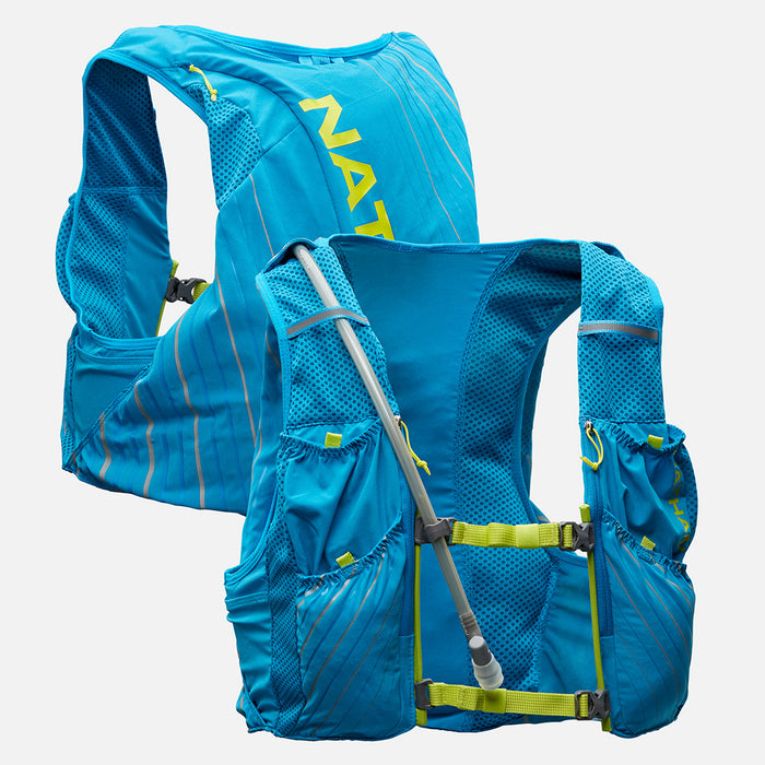 color:Blue Me Away/Finish Lime||seo:Nathan Pinnacle 12 Liter Unisex Hydration Race Vest - Blue Me Away/Finish Lime Green - Front & Back of Pack