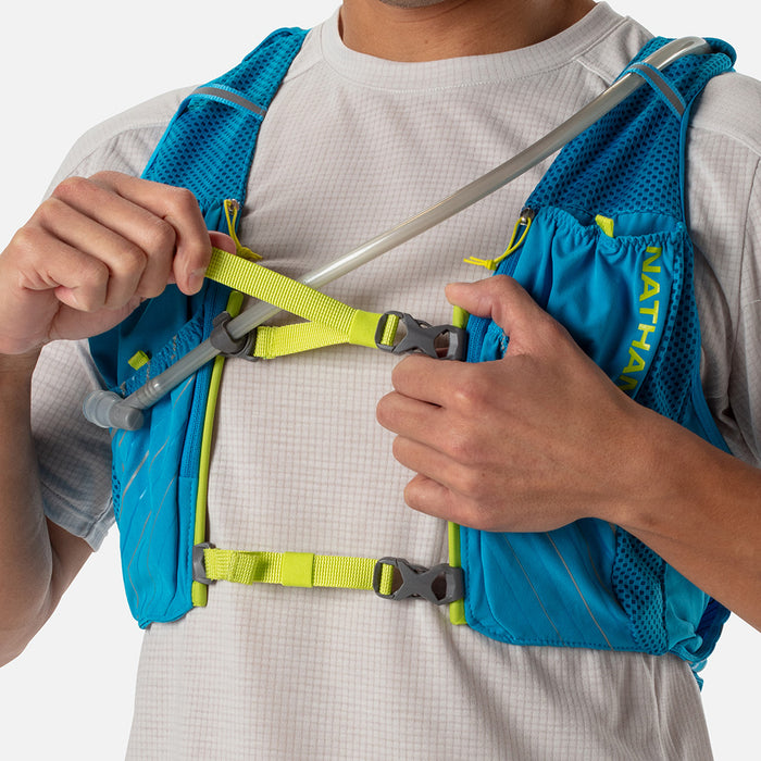 color:Blue Me Away/Finish Lime||seo:Nathan Pinnacle 12 Liter Unisex Hydration Race Vest - Blue Me Away/Finish Lime Green - Male Runner Tightening Front Straps
