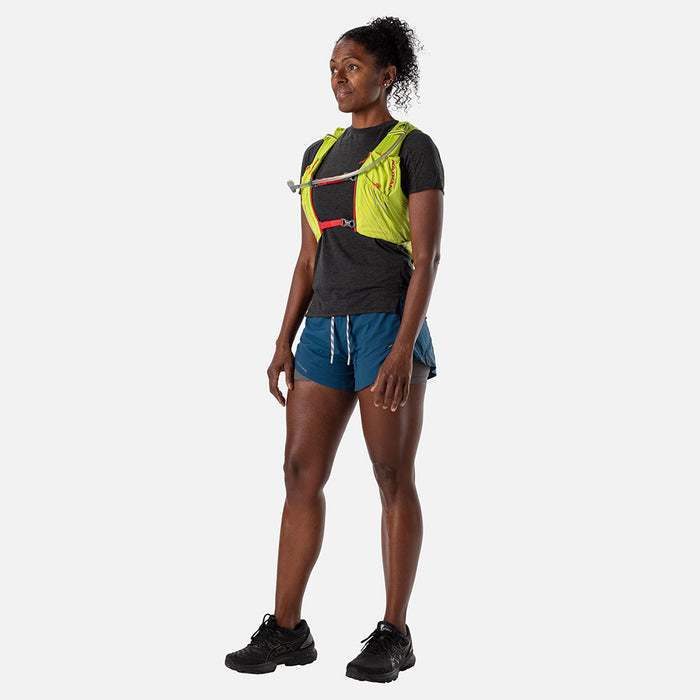 color:Finish Lime/Hibiscus||seo:Nathan Pinnacle 12 Liter Women's Hydration Race Vest - Finish Lime/Hibiscus Red - Female Runner Side View