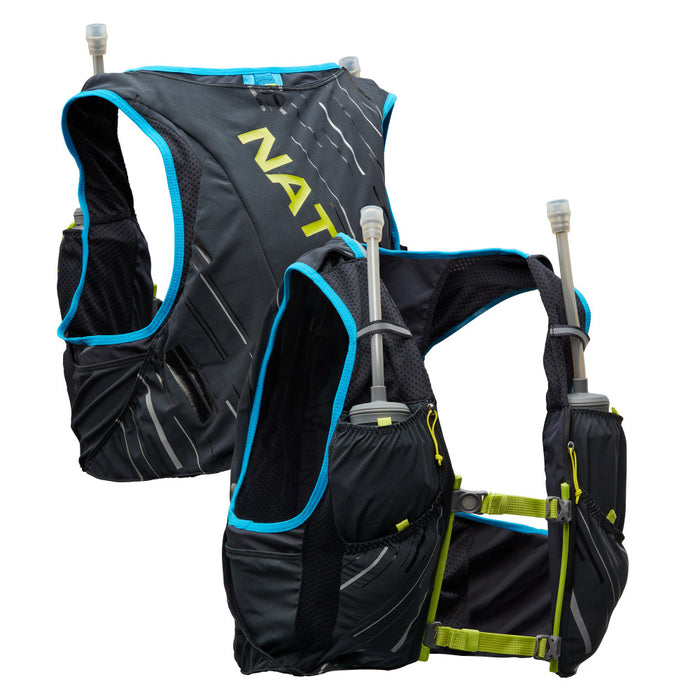 color:Black/Finish Lime||seo:Nathan Pinnacle 4 Liter Men's Hydration Race Vest - Black/Finish Lime Green - Front & Back of Pack