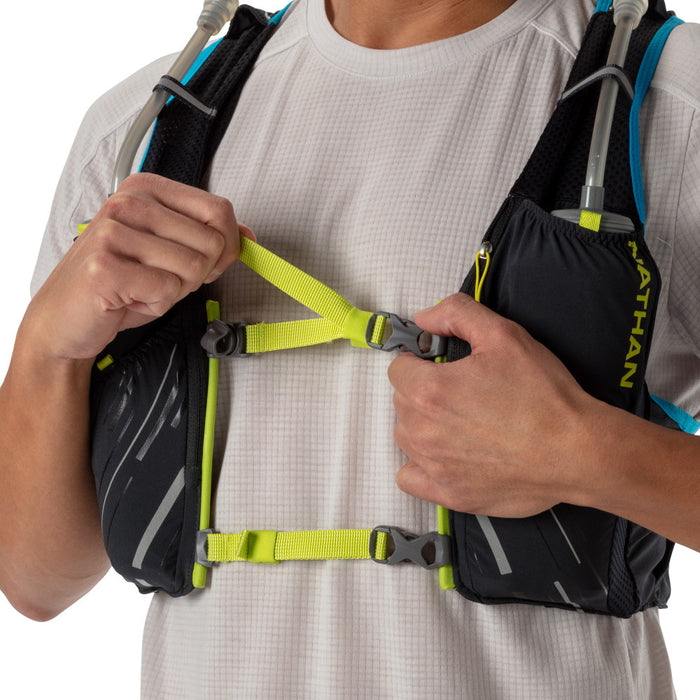 color:Black/Finish Lime||seo:Nathan Pinnacle 4 Liter Men's Hydration Race Vest - Black/Finish Lime Green - Male Runner Tightening Straps for Better Fit
