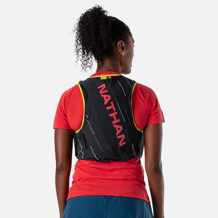 color:Black/Hibiscus||seo:Nathan Pinnacle 4 Liter Women's Hydration Race Vest - Black/Hibiscus Red - Female Runner Back View