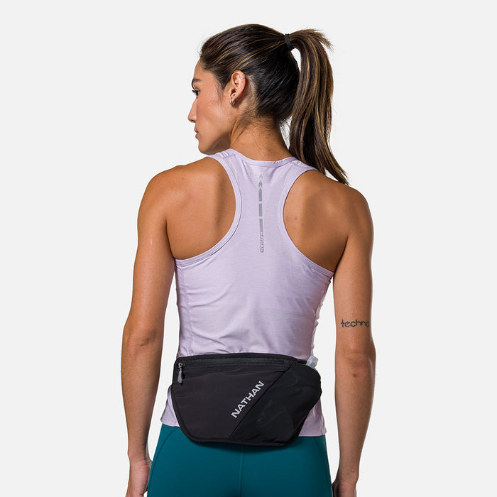 color:Black/Reflective Silver||view:sku image primary||seo:Nathan Pinnacle FeatherLite Unisex Hydration Waist Belt - Black/Reflective Silver - On Model - Back View