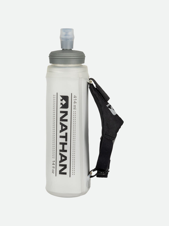 color:Clear||seo:Nathan Pinnacle Lite Handheld 14oz - Clear - Side Angle of Handheld with Strap
