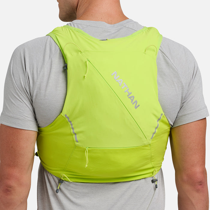 color:Finish Lime/Reflective Silver||seo:Nathan Pinnacle Pro 12 Liter Unisex Hydration Race Vest - Finish Lime/Reflective Silver - Male Runner Back View