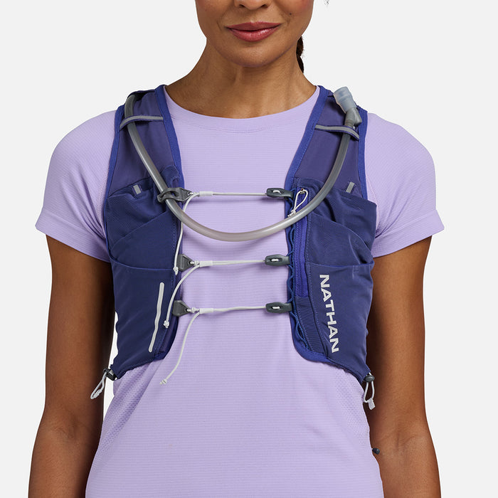 color:Indigo/Light Blue||seo:Nathan Pinnacle Pro 12 Liter Women's Hydration Race Vest - Indigo/Light Blue - Female Runner Back View
