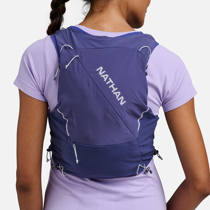 color:Indigo/Light Blue||seo:Nathan Pinnacle Pro 12 Liter Women's Hydration Race Vest - Indigo/Light Blue - Female Runner Back View