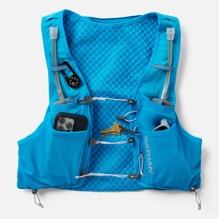 color:Electric Blue/Reflective Silver||view:sku image primary||seo:Nathan Pinnacle Pro 6 Liter Unisex Hydration Race Vest - Electric Blue/Reflective Silver - Multiple Front Pockets for Storage of Sunglasses, Cell Phone or Keys